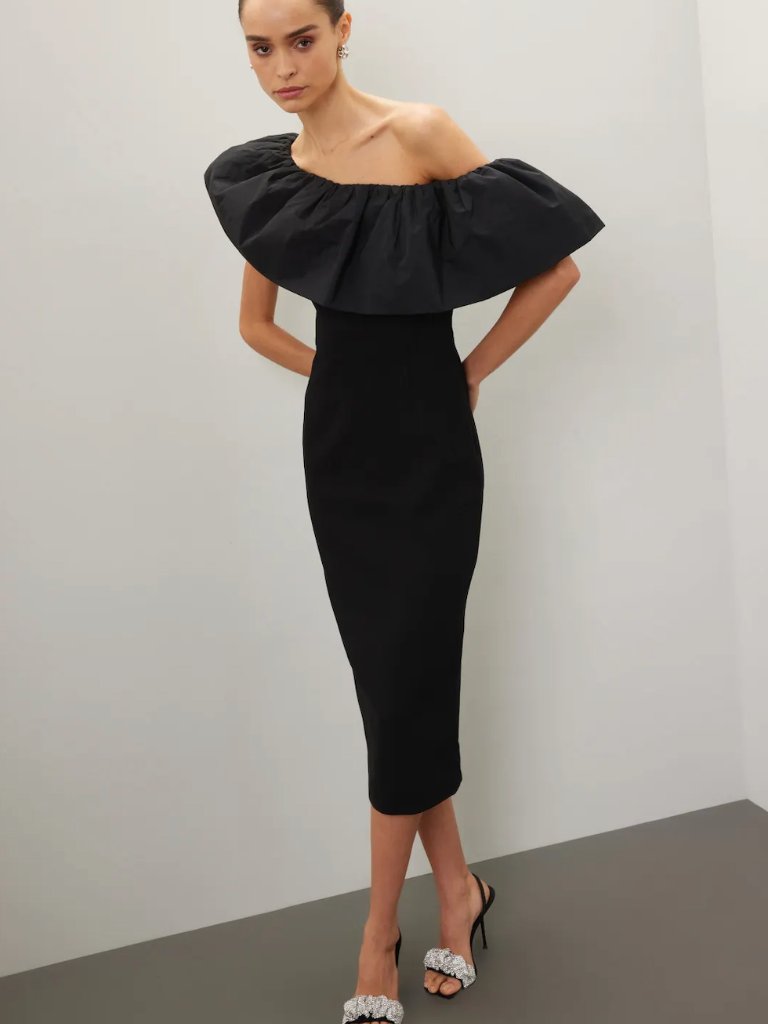 Rebecca Vallance After Hours Midi Dress Black Formal Ruffle Off Shoulder Gown 6